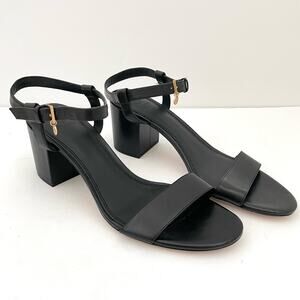 Tory Burch Black Leather Sling Back Gold Charm Block Heel Sandals Women's 10.5
